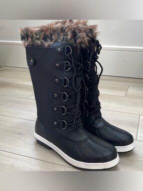 Shoe Dazzle Black Lace-Up Faux Fur-Trim Winter Boot